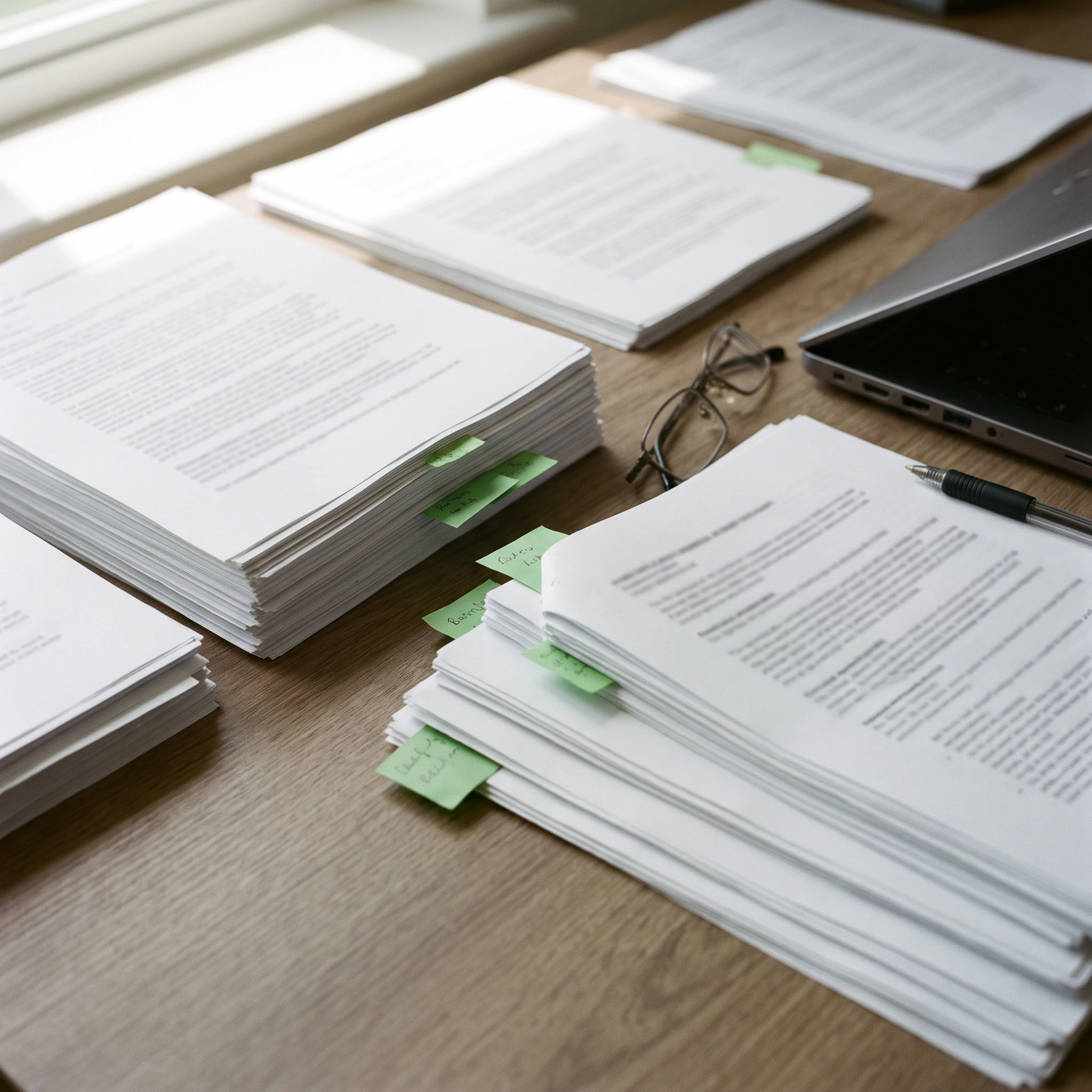 Printed documents sorted into piles on a wooden desk, several flagged with green sticky notes, next to a laptop, glasses and a pen.