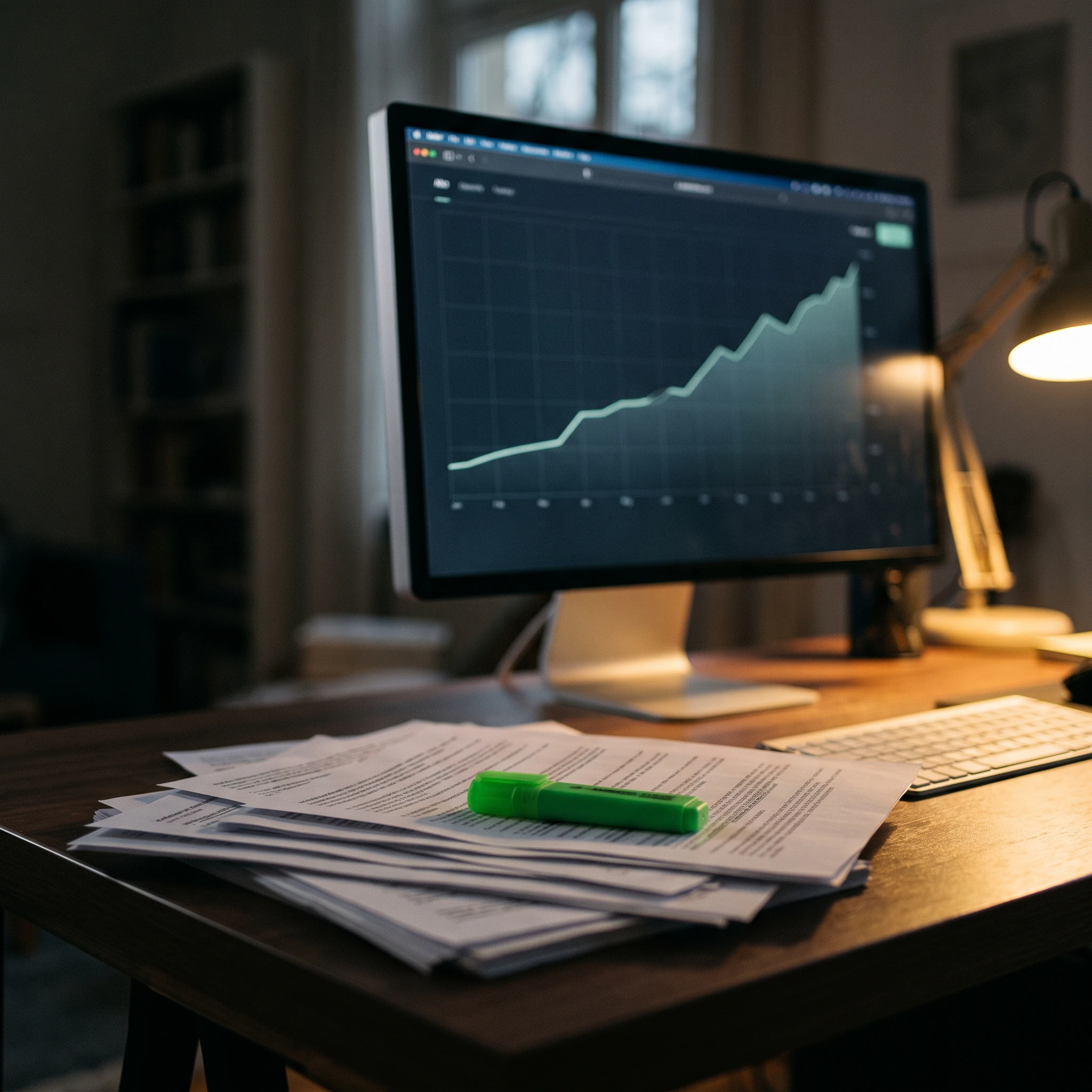 A monitor showing a rising line chart on a dark interface; printed pages with a green highlighter lie on the desk in front.