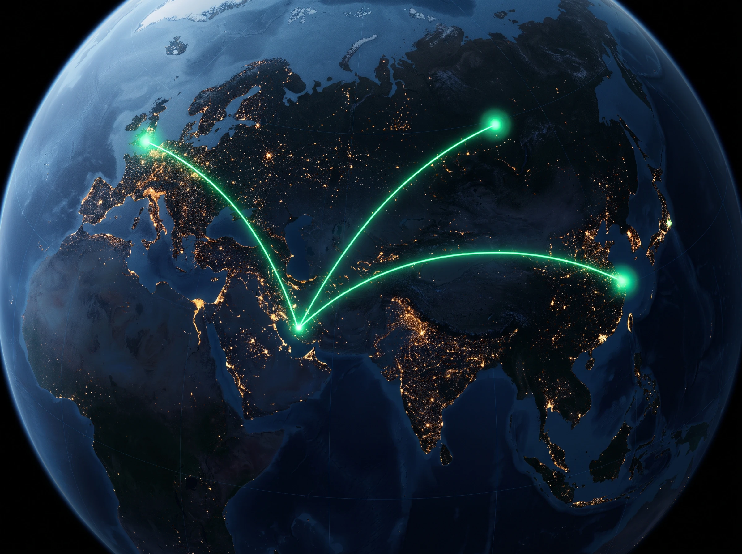 Night map of a continent made of tiny lights, with three green routes drawn from one point toward three different destinations.