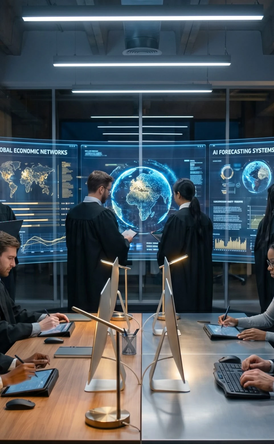 Analysts working around a table in front of large screens with world economic data