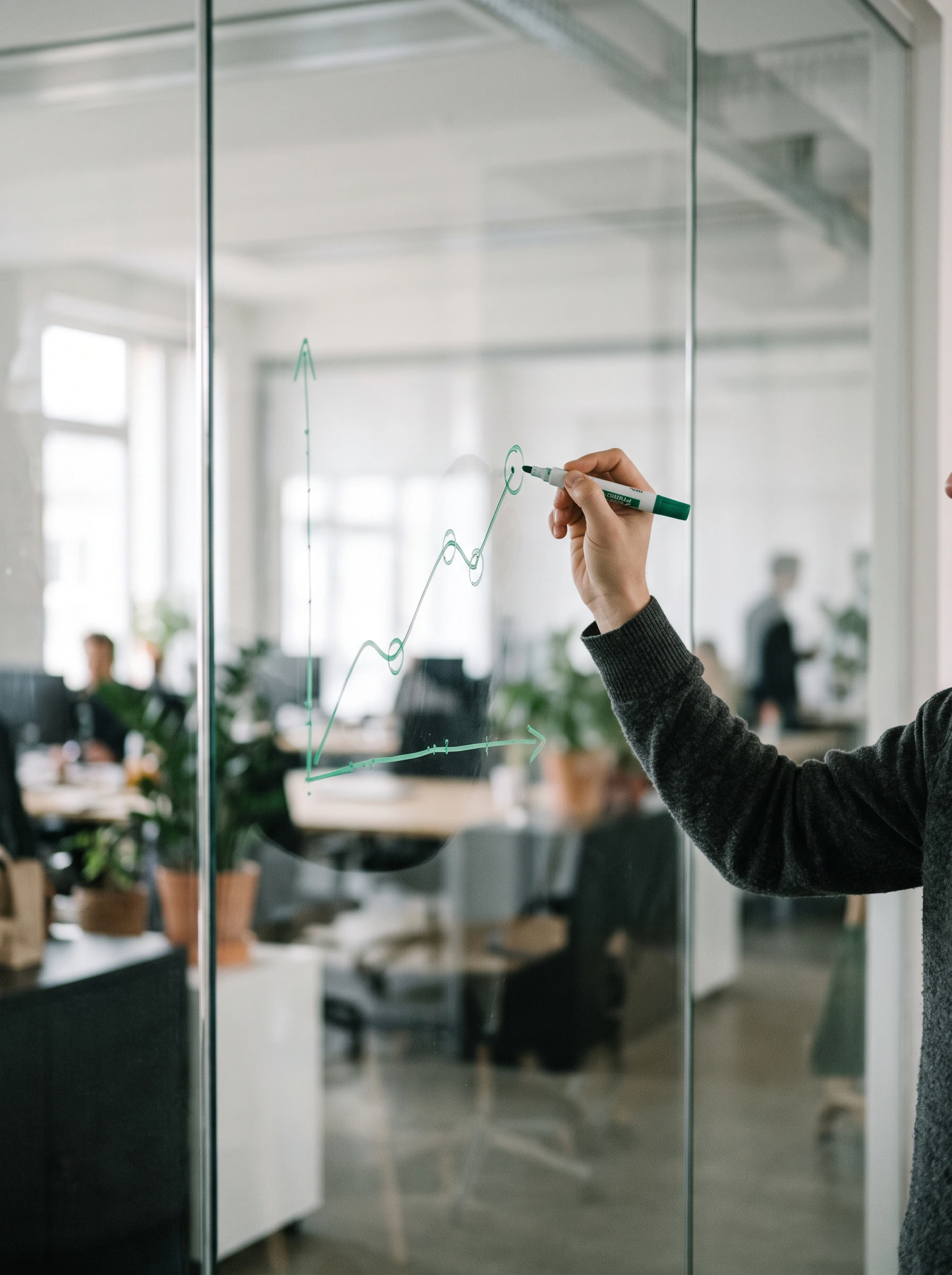 A hand with a green marker drawing a simple rising line chart on a glass wall in a bright office
