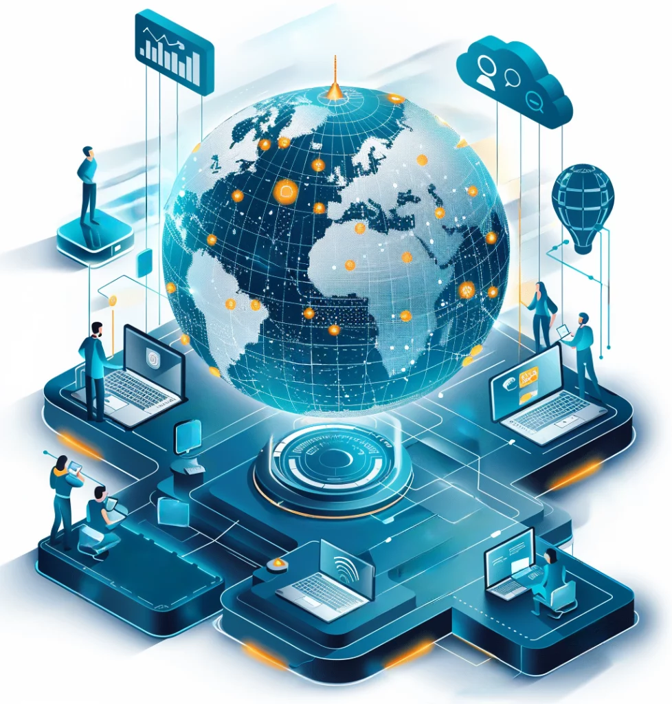 A globe surrounded by business people, all working on laptop